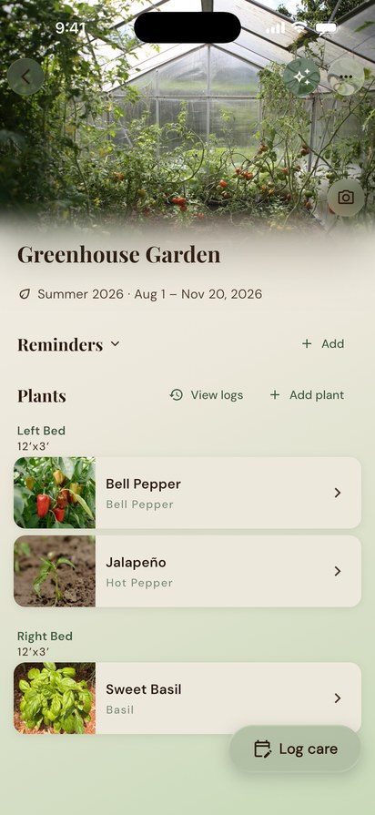 A GrowKeep garden page for a greenhouse garden in its Summer 2026 season, listing plants grouped into a left and right bed.