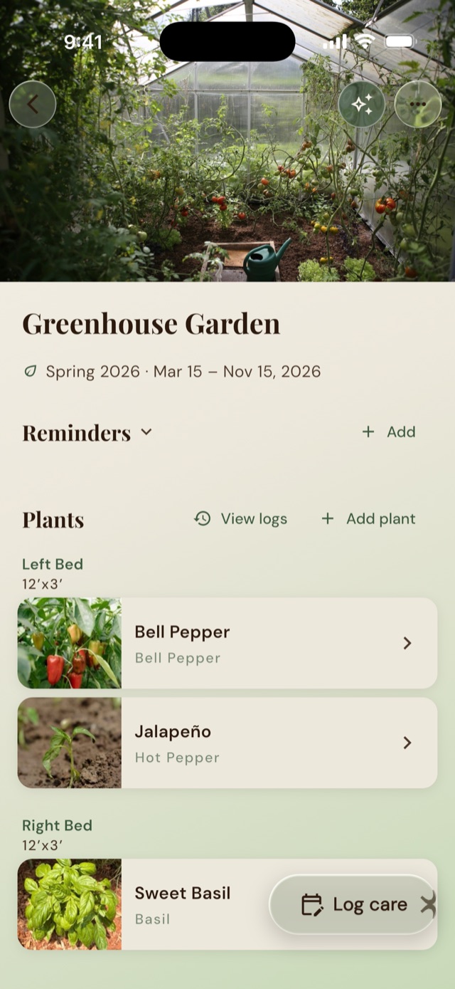 A GrowKeep garden page for a greenhouse garden in its Spring 2026 season, listing plants grouped into a left and right bed.