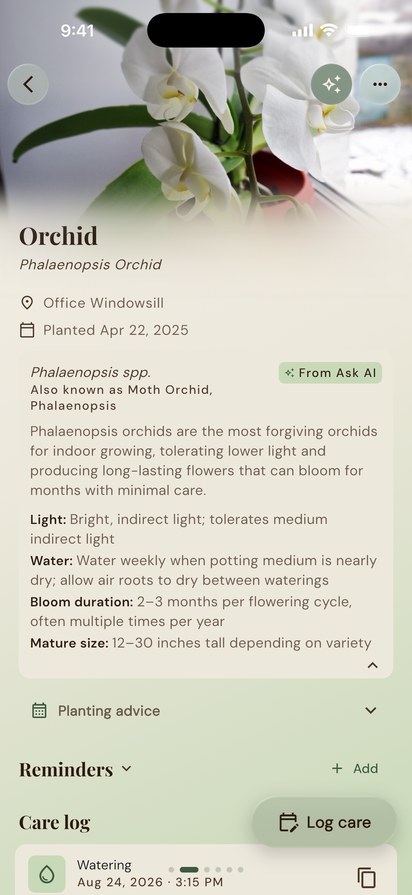 A GrowKeep plant page showing photo, AI-researched plant info and care log