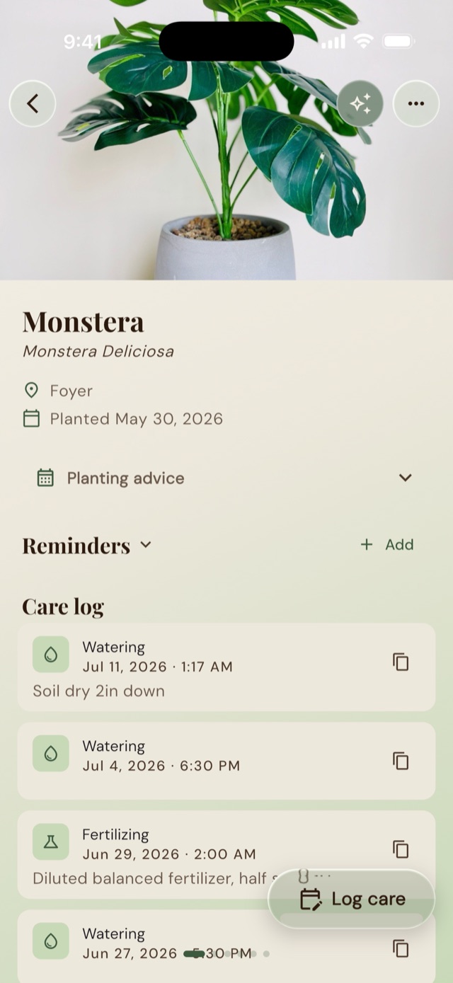 A GrowKeep plant page showing photo, planting date and care log