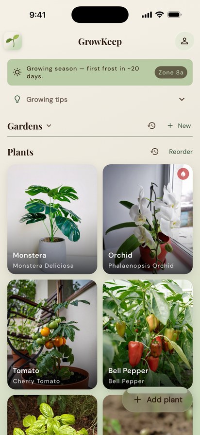 GrowKeep plant list — a photo grid of a monstera, orchid, tomato and bell pepper