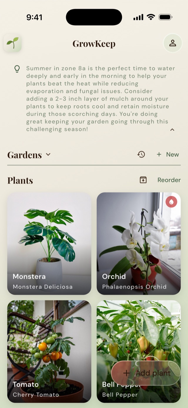 GrowKeep plant list — a photo grid of a monstera, orchid, tomato and bell pepper
